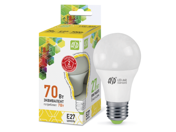 Лампа LED-A60-standart 7Вт Е27 3000К ASD